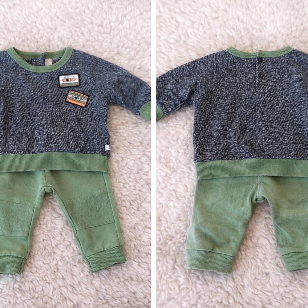 Petit Lem Baby Outfit Set 3–6M Green Joggers + Sweatshirt Retro Cassette